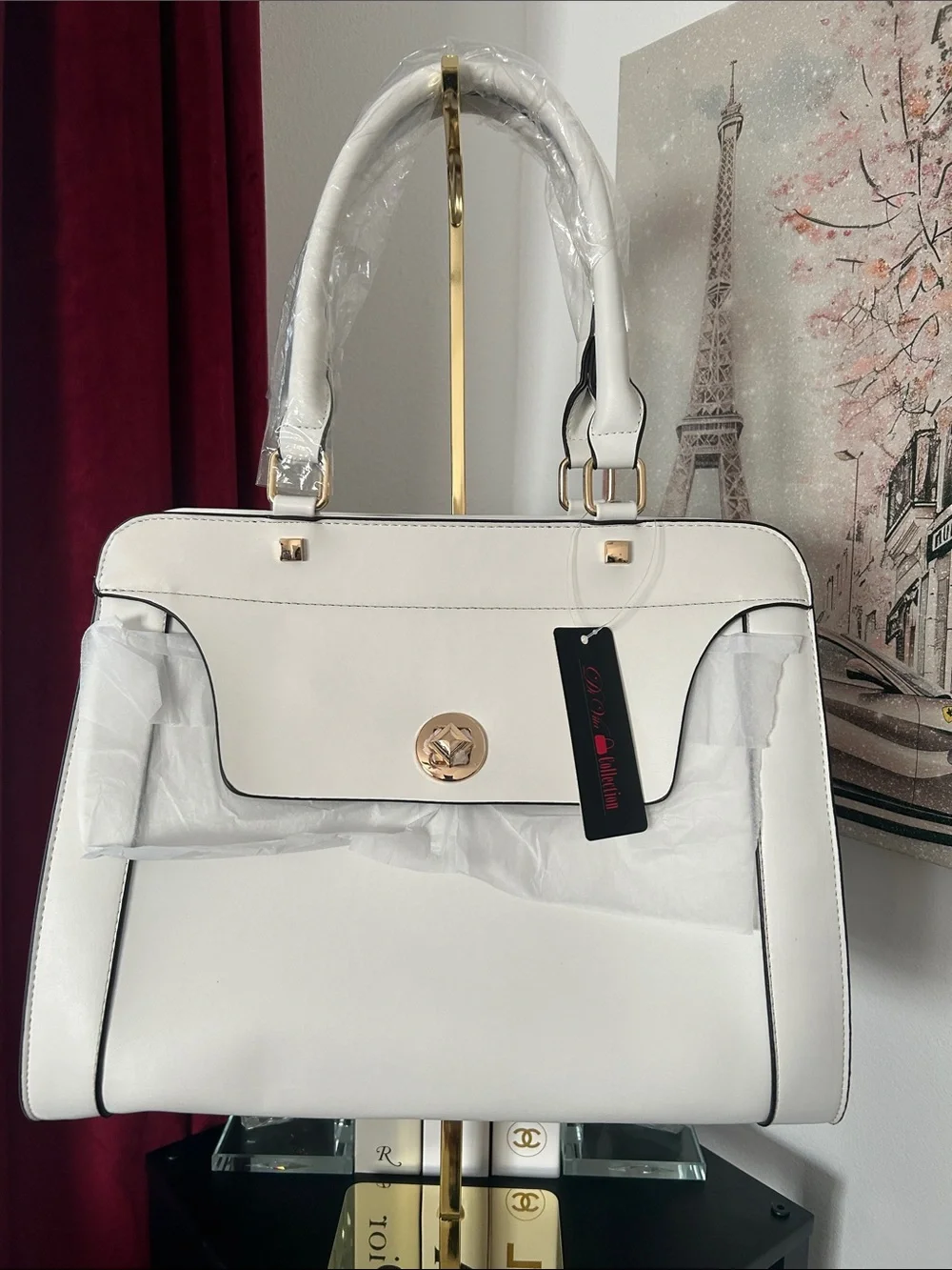 White Structured Tote Bag with Gold Accent